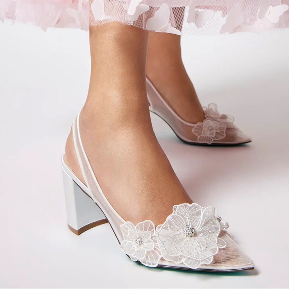 Betsey Johnson Petra Ivory Floral Appliqué Block Heels